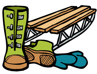 cartoon winter sled, snow boots, and mitten