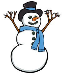 cartoon snowman wearing scarf and top hat