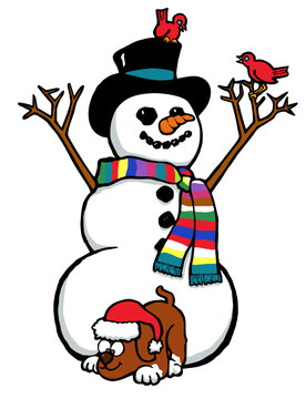 cartoon snowman with cardinal and puppy