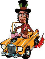 funny cartoon scrooge driving a fancy car - obrazy, fototapety, plakaty