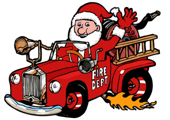 cartoon santa claus driving a fire truck