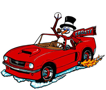 cartoon snowman driving a red sports car