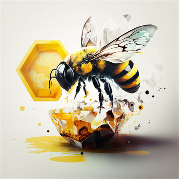 Honey bee on the background of a honeycomb. Fantastic picture. Futuristic logo. Generative AI