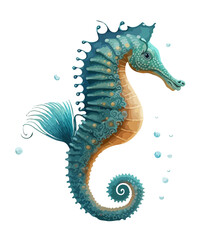 Blue cartoon seahorse isolated on white background. Vector illustration, print for background, print on fabric, paper, wallpaper, packaging. © Dav_782