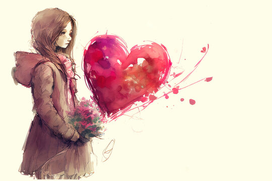 Single person celebrating Valentine's Day alone, holding pink love heart, watercolour sketch. Generative AI.
