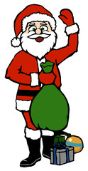 cartoon skinny santa claus waving with green bag