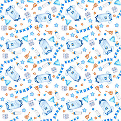 Watercolor seamless pattern for newborn little boy with bodysuit, booties, bottle, stars, pacifier. Perfect for textile, print, greeting cards, wrapping paper, wallpaper