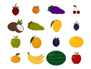 Set of colorful cartoon fruit icons: raspberry, coconut, mango, bilberry, tangerine, apple, orange, peach, plum, banana, watermelon, pineapple, grapes, cherry. Vector illustration, isolated on white. 