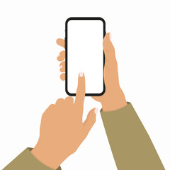 Hand holding mobile phone,finger touching,scrolling or click on screen.Cartoon vector illustration of two hands and smartphone isolated on white background. 