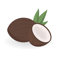 Realistic Detailed Brown Exotic Whole Coconut, Half and Green Leaf. Vector illustration of Fresh Tropical Fruit. 
