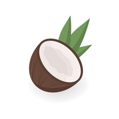 Half coconut with leaves isolated on white background. Vector illustration.