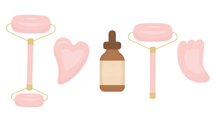 Face massage set, vector illustration. Face massagers and healing serum. Beauty product pink set. 