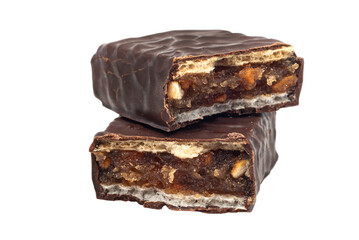 Chocolate bar with nougat on a white background. The bar is broken into two parts isolate