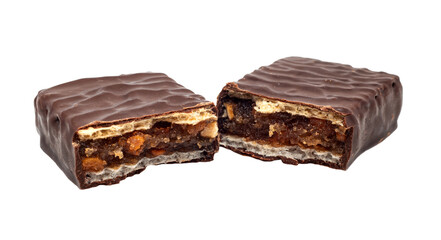 Chocolate bar with nougat on a white background. The bar is broken into two parts isolate