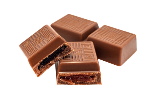 Pieces of chocolate with filling on a white background. Chocolate bar isolate