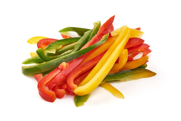 Sliced bell pepper mix, isolated on white background.