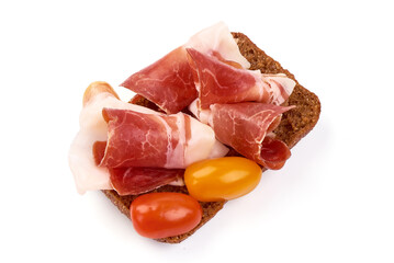 Italian prosciutto crudo or spanish jamon. Jerked meat, isolated on white background.