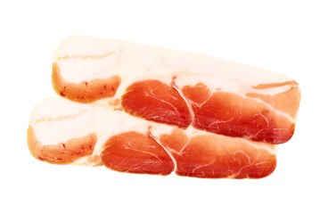 Italian prosciutto crudo or spanish jamon. Jerked meat, isolated on white background.