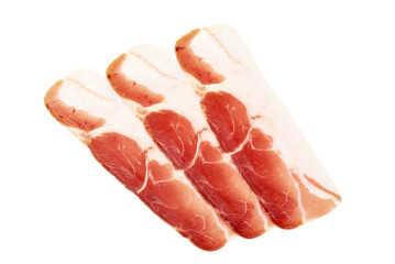 Italian prosciutto crudo or spanish jamon. Jerked meat, isolated on white background.