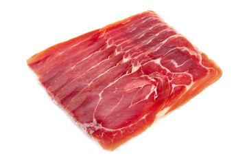 Italian prosciutto crudo or spanish jamon. Jerked meat, isolated on white background.