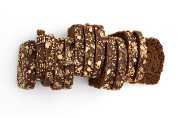 slices of rye bread on white background, top view