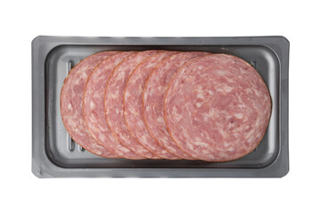ham cut into pieces isolated on white background, sliced ham in plastic package