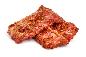 Spicy marinated ribs, BBQ, meat for grill, isolated on white background.
