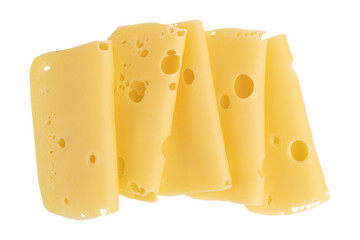 folded slices of cheese isolated on white background, pieces of sliced gouda cheese laid out to create layout