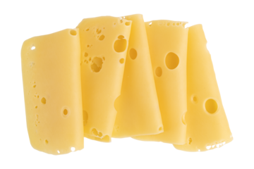 folded slices of cheese isolated on white background, pieces of sliced gouda cheese laid out to create layout