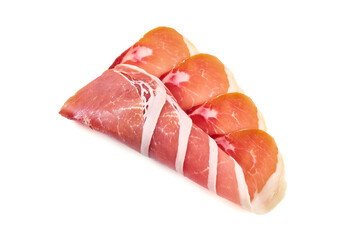 Italian prosciutto crudo or spanish jamon. Jerked meat, isolated on white background.