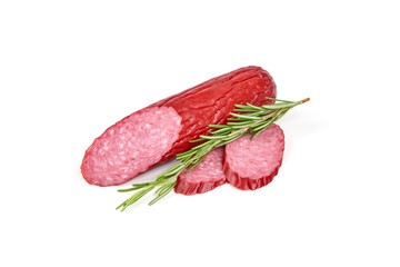 Dry sausage or salami with basil and spices, close-up, isolated on white background.
