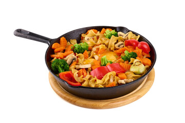 Steamed vegetables with scrambled eggs, Healthy breakfast, isolated on white background.