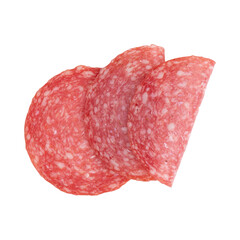 salami sausage slices isolated on white background, three pieces of sliced salami sausage laid out...