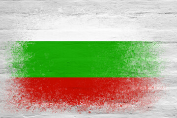Flag of Bulgaria. Flag painted on a white plastered brick wall. Brick background. Copy space. Textured background
