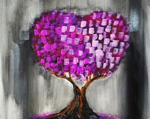 Artistic painting heart shaped tree, 14 February st Valentines day. Picture contains interesting idea, evokes emotions, aesthetic pleasure. Canvas stretched, cardboard, oil natural paints. Concept art - 557241469