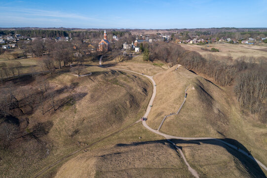 Early Spring Aerial view of Kernave Archaeological site, a medieval capital of the Grand Duchy of Lithuania. UNESCO World Heritage Site. Drone