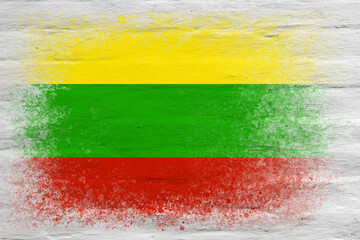 Flag of Lithuania. Flag painted on a white plastered brick wall. Brick background. Copy space. Textured background