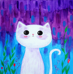 Artistic painting white cat with big eyes in purple magic garden. Picture contains interesting idea, evokes emotions, aesthetic pleasure. Canvas stretched, cardboard, oil natural paints. Concept art - 557241815