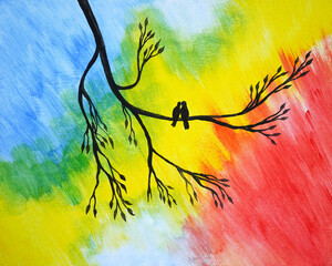 Artistic painting two birds are sitting on a branch, bright autumn. Picture contains interesting idea, evokes emotions, aesthetic pleasure. Canvas stretched, cardboard, oil natural paints. Concept art - 557242011