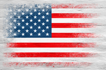 Flag of USA. Flag painted on a white plastered brick wall. Brick background. Copy space. Textured background