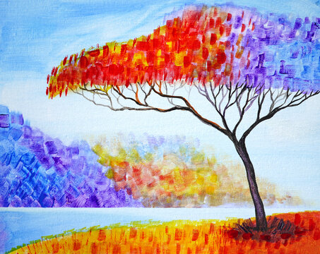 Artistic painting colorful winter tree on the shore of an icy lake. Picture contains interesting idea, evokes emotions, aesthetic pleasure. Canvas stretched, cardboard, oil natural paints. Concept art