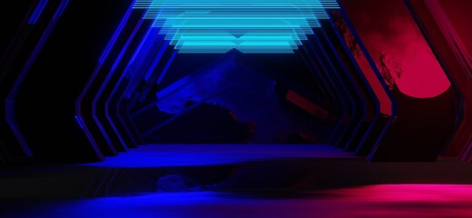 gaming background abstract wallpaper, cyberpunk style scifi game, neon glow of stage scene in pedestal display room, 3d illustration rendering, esports team concept