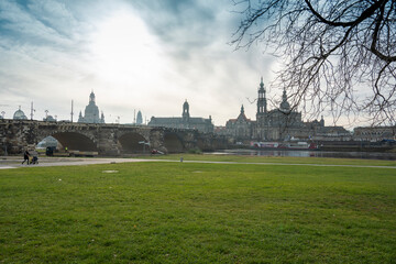 Fototapeta na wymiar Dresden Germany Panorama landscape with Dresden and Elbe river in a winter morning.