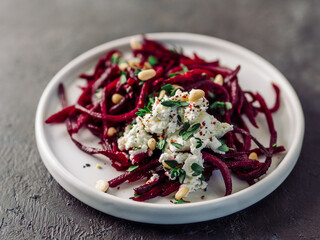 Raw beetroot noodles or beet spaghetti salad