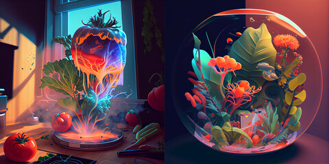 Glass vase with flowers surreal illustration