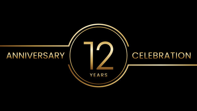 12 year anniversary. Anniversary template design with golden ring. Logo Vector Illustration