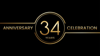 34 year anniversary. Anniversary template design with golden ring. Logo Vector Illustration