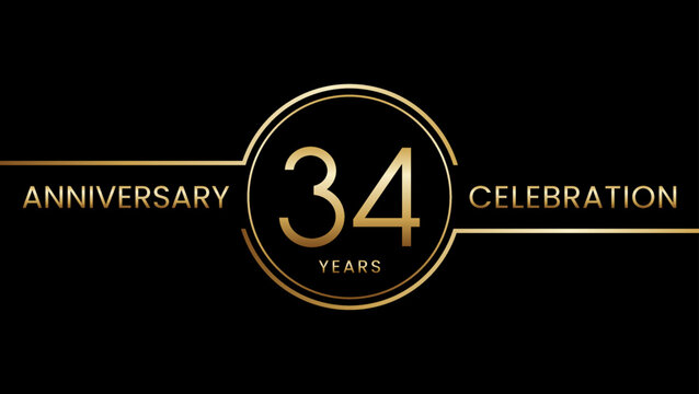 34 year anniversary. Anniversary template design with golden ring. Logo Vector Illustration