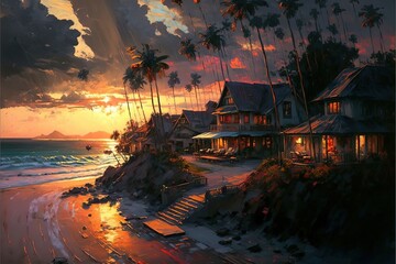 Fototapeta na wymiar 4K resolution or higher, sunset coastal village, thatched roofs house and palm trees with coconuts, beach and waves, whitewater, ocean. Generative AI Technology