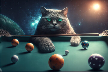 A Gigantic cat plays billiard with planets in space illustration generative ai - obrazy, fototapety, plakaty